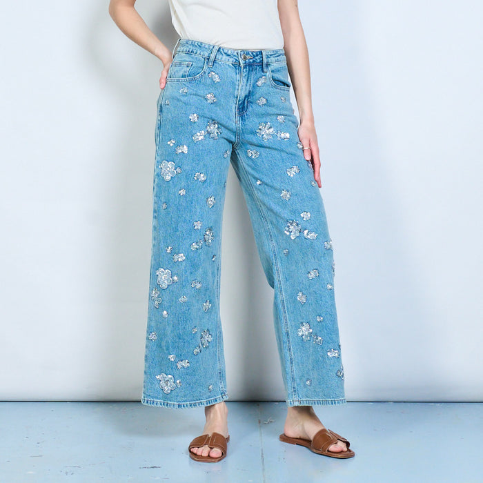 All-over sequin floral embellished denim trousers wholesale