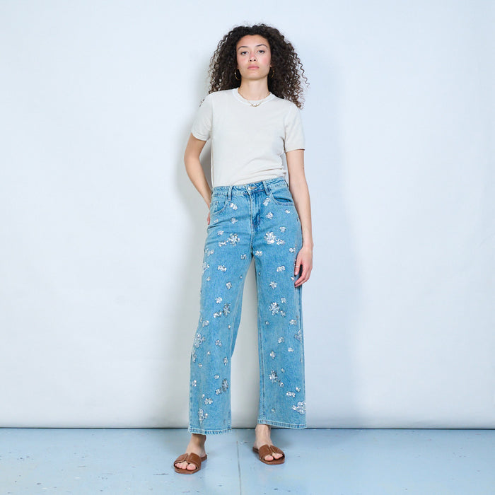 All-over sequin floral embellished denim trousers wholesale