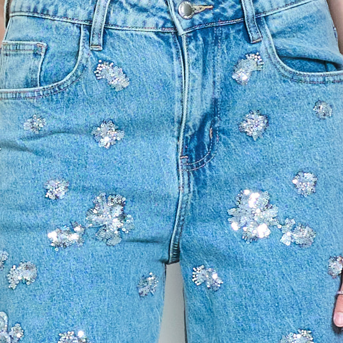 All-over sequin floral embellished denim trousers wholesale