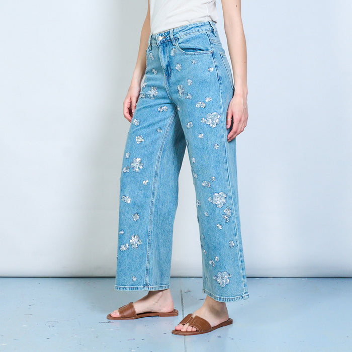 All-over sequin floral embellished denim trousers wholesale