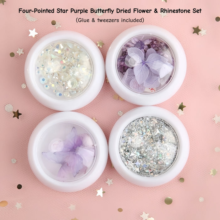 #Four-Pointed Star Purple Butterfly Dried Flower & Rhinestone Set (Glue & tweezers included)