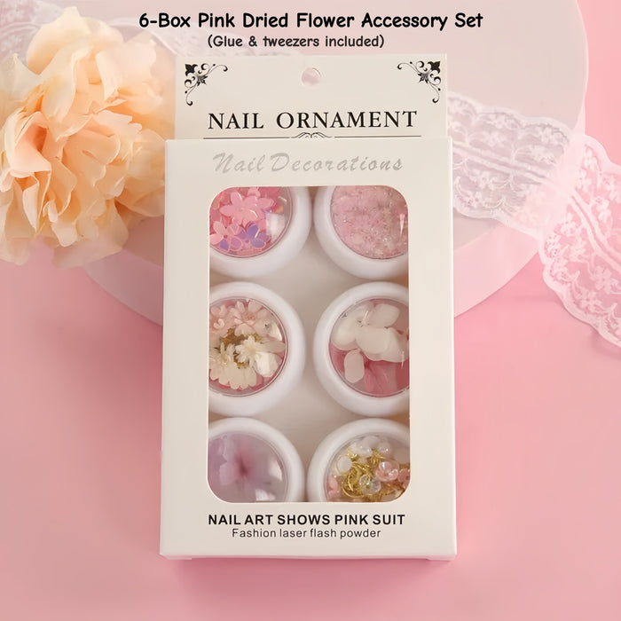 #6-Box Pink Dried Flower Accessory Set (Glue & tweezers included)