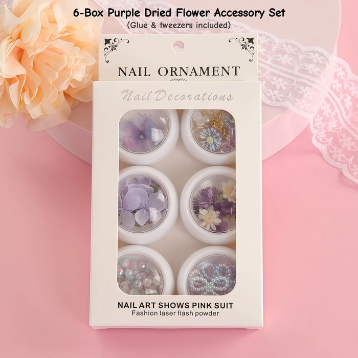 #6-Box Purple Dried Flower Accessory Set (Glue & tweezers included)