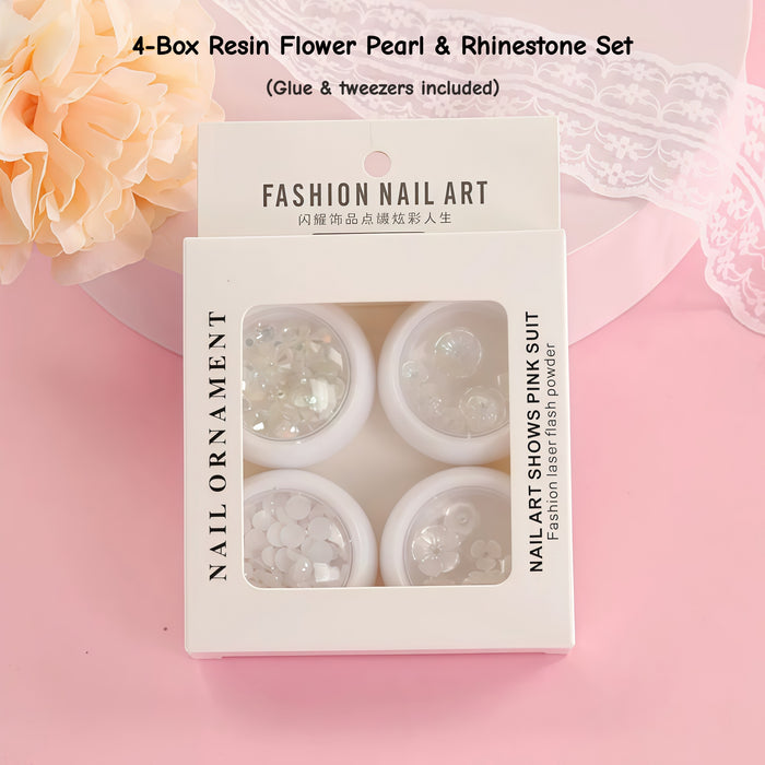 #4-Box Resin Flower Pearl & Rhinestone Set (Glue & tweezers included)