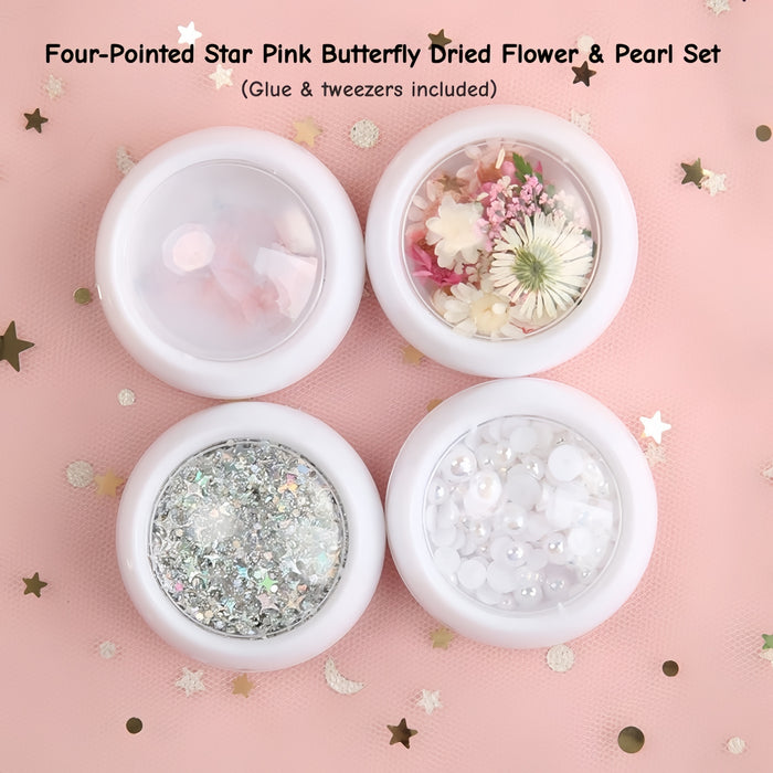 #Four-Pointed Star Pink Butterfly Dried Flower & Pearl Set (Glue & tweezers included)