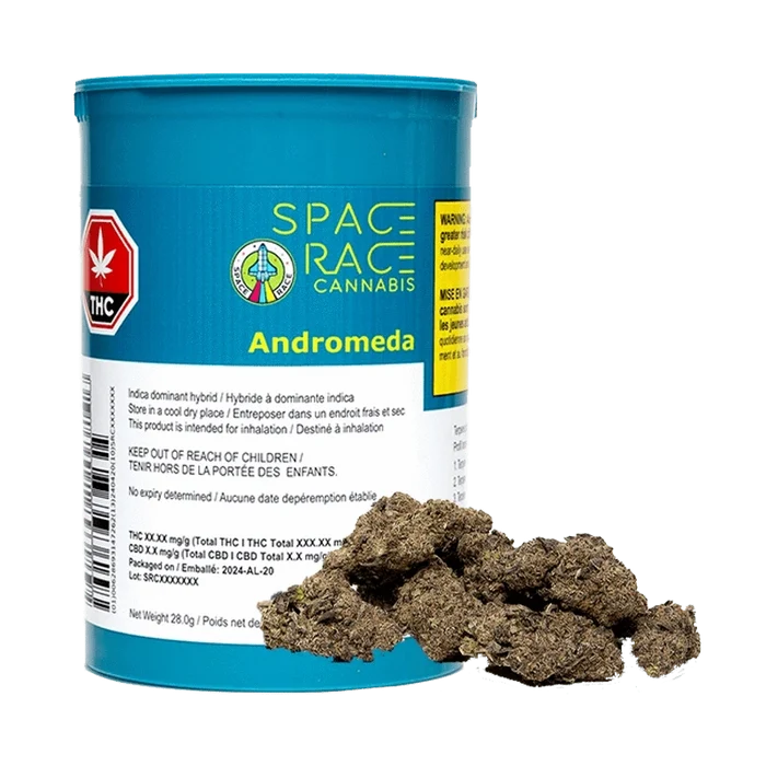 Front view of the Space Andromeda package, displaying text in French and English on a white label.