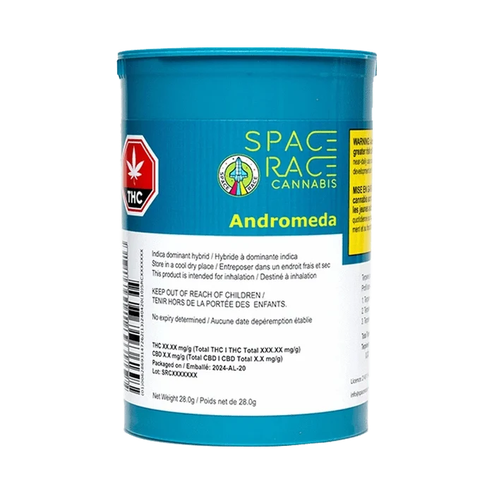 Close-up of the Andromeda package label, showing white text and branding details on a dark background.