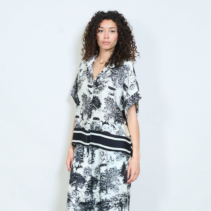 Animalia forest landscape printed short sleeve button front shirt wholesale