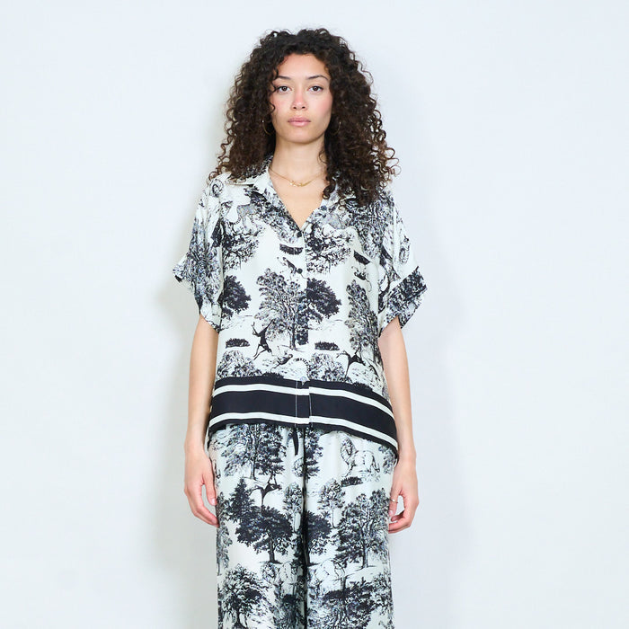 Animalia forest landscape printed short sleeve button front shirt wholesale