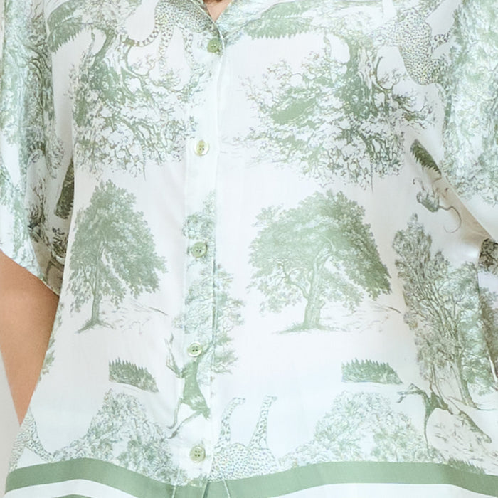 Animalia forest landscape printed short sleeve button front shirt wholesale