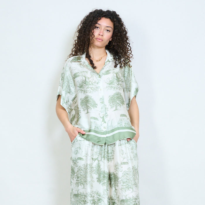 Animalia forest landscape printed short sleeve button front shirt wholesale