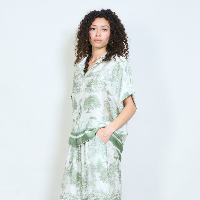 Animalia forest landscape printed short sleeve button front shirt wholesale