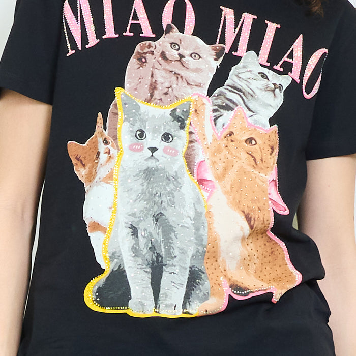 Animalia graphic cat print rhinestones embellished relaxed t-shirt wholesale
