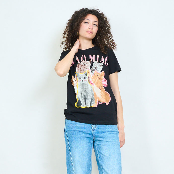 Animalia graphic cat print rhinestones embellished relaxed t-shirt wholesale