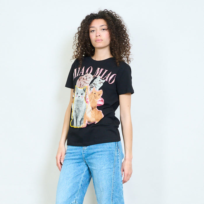 Animalia graphic cat print rhinestones embellished relaxed t-shirt wholesale