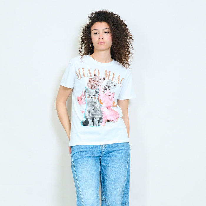 Animalia graphic cat print rhinestones embellished relaxed t-shirt wholesale
