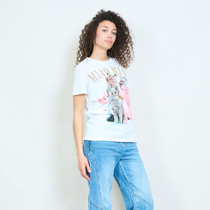 Animalia graphic cat print rhinestones embellished relaxed t-shirt wholesale
