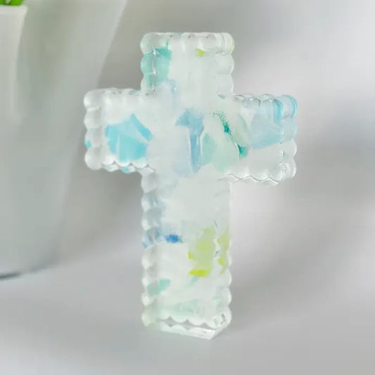 Anna Walding Art Scalloped Acrylic Cross-Blue Abstract