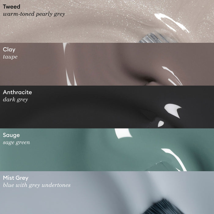 Five Manucurist nail polish shades in horizontal bands: Tweed (warm pearly grey), Clay (timeless taupe), Anthracite (dark grey), Sauge (Green range sage green), and Mist Grey (blue-grey undertone).