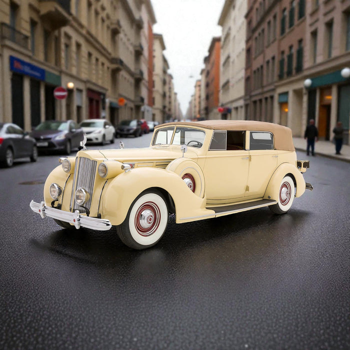 Vintage yellow car on a city street with buildings in the background