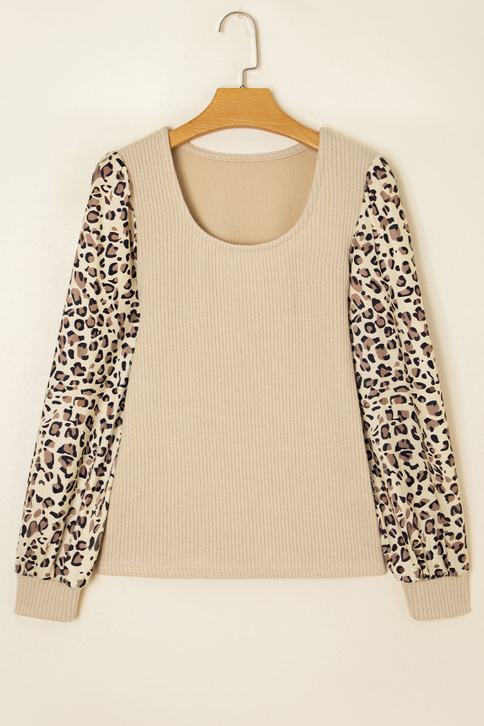 Apricot Leopard Sleeve Patchwork Ribbed Knit U Neck Top 🇺🇸