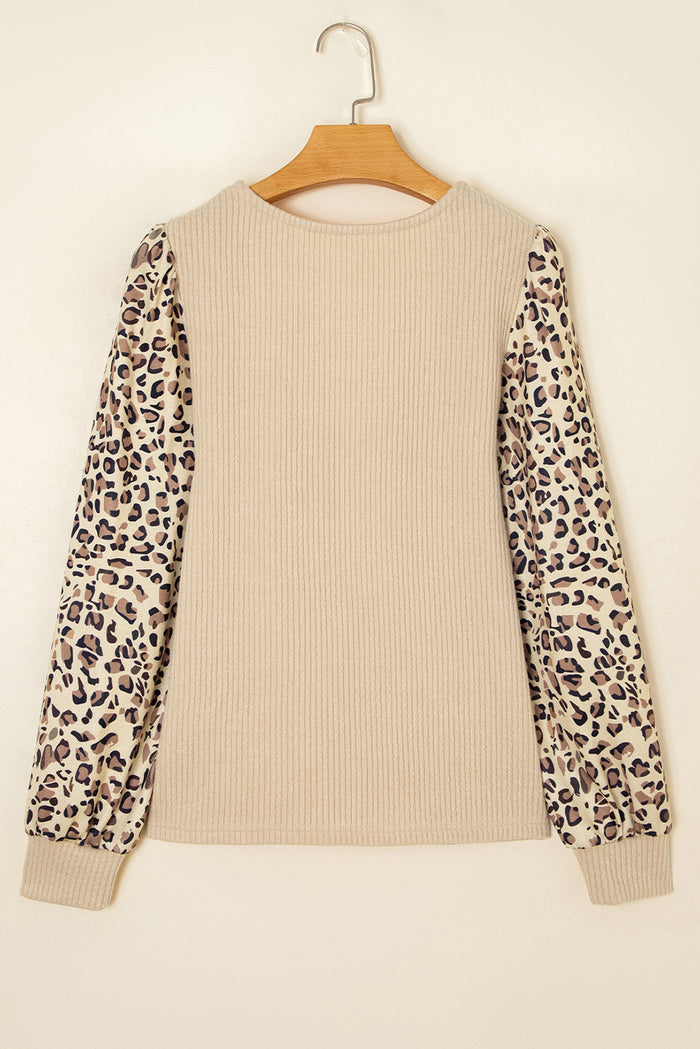 Apricot Leopard Sleeve Patchwork Ribbed Knit U Neck Top 🇺🇸