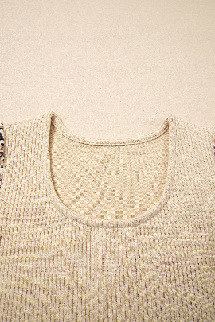 Apricot Leopard Sleeve Patchwork Ribbed Knit U Neck Top 🇺🇸