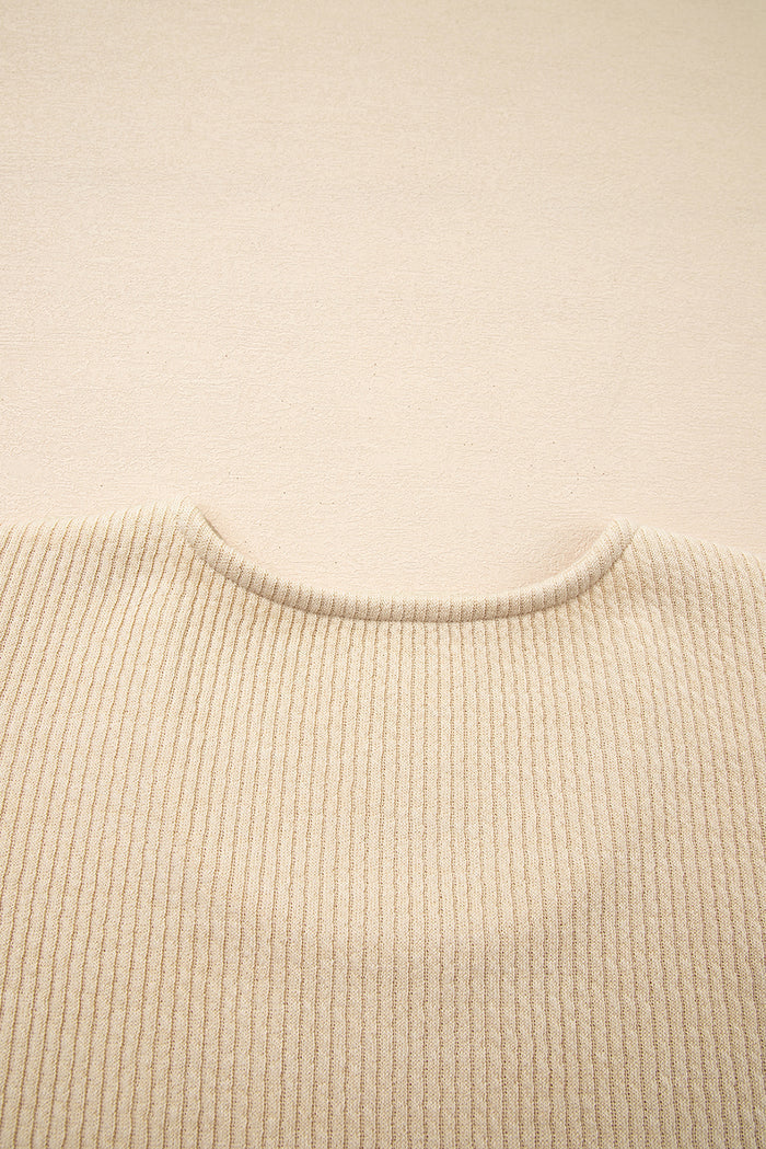 Apricot Leopard Sleeve Patchwork Ribbed Knit U Neck Top 🇺🇸