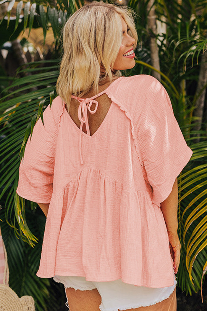Apricot Pink Plus Size Textured Wide Short Sleeve Babydoll Blouse 🇨🇳