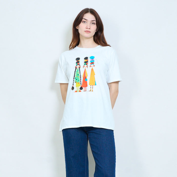 Artistic girls portrait graphic print t-shirt with floral hair detail wholesale