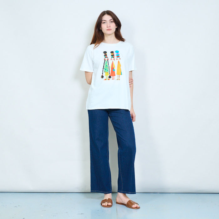 Artistic girls portrait graphic print t-shirt with floral hair detail wholesale