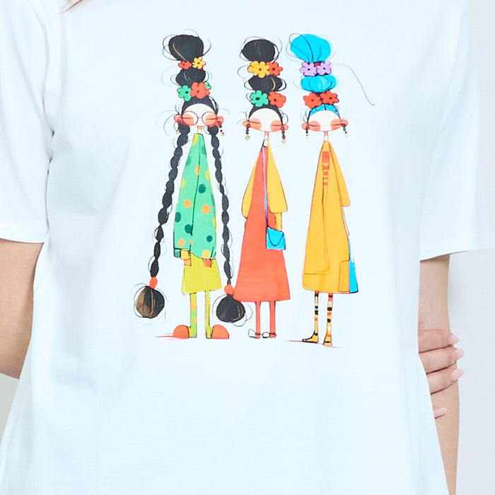 Artistic girls portrait graphic print t-shirt with floral hair detail wholesale