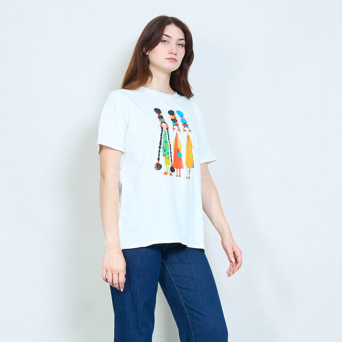 Artistic girls portrait graphic print t-shirt with floral hair detail wholesale
