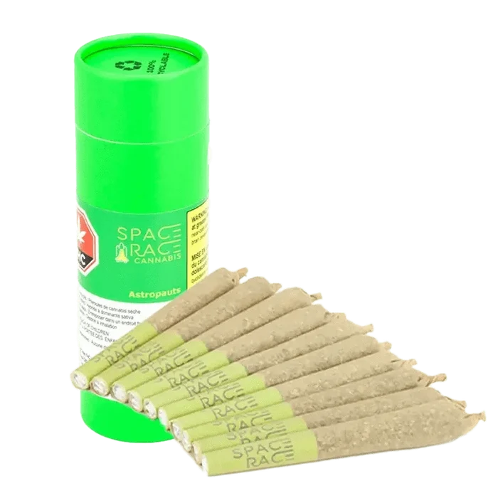 A close-up, angled shot of the Astropauts Pre Rolled 10 x 0.4 g pre-roll pack, displaying its branded packaging and colorful design.
