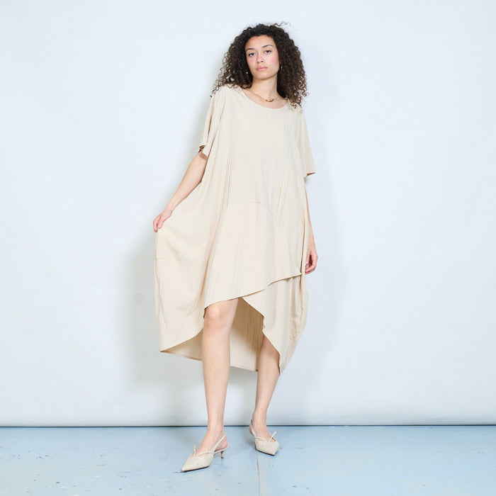 Asymmetric hem loose fit midi dress with short sleeves and draped panel detail wholesale