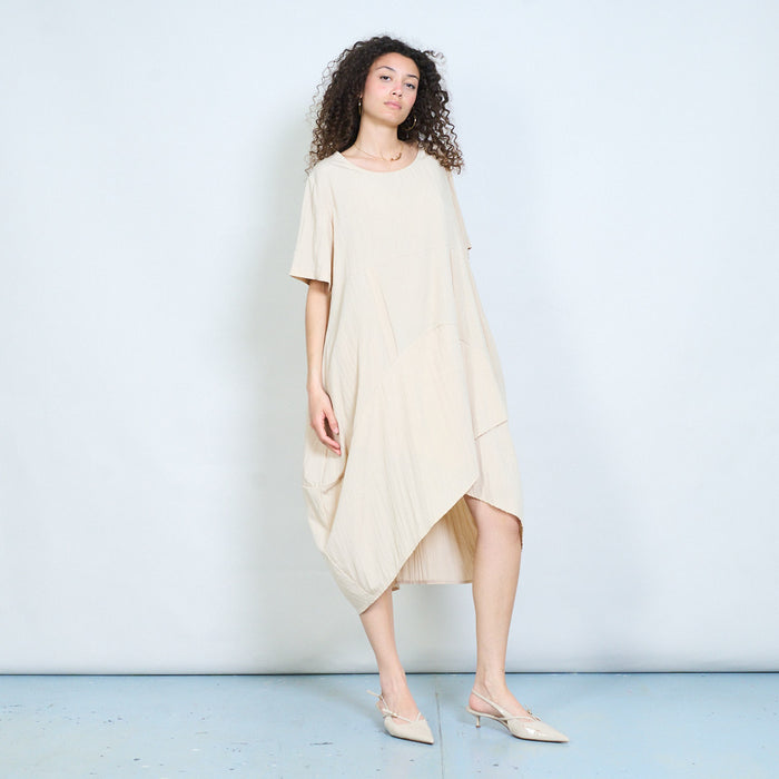 Asymmetric hem loose fit midi dress with short sleeves and draped panel detail wholesale