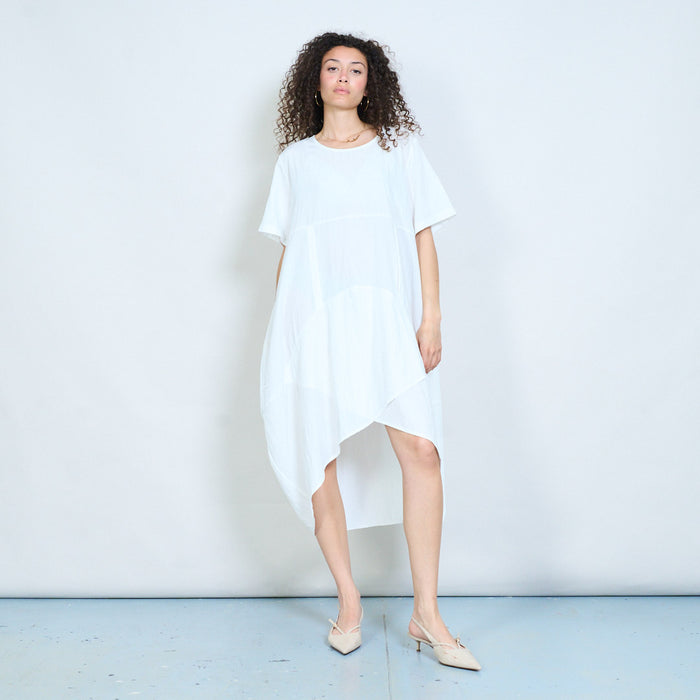 Asymmetric hem loose fit midi dress with short sleeves and draped panel detail wholesale