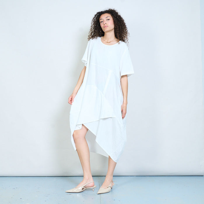 Asymmetric hem loose fit midi dress with short sleeves and draped panel detail wholesale