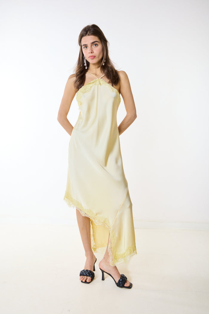 Asymmetric lace trim satin slip midi dress wholesale
