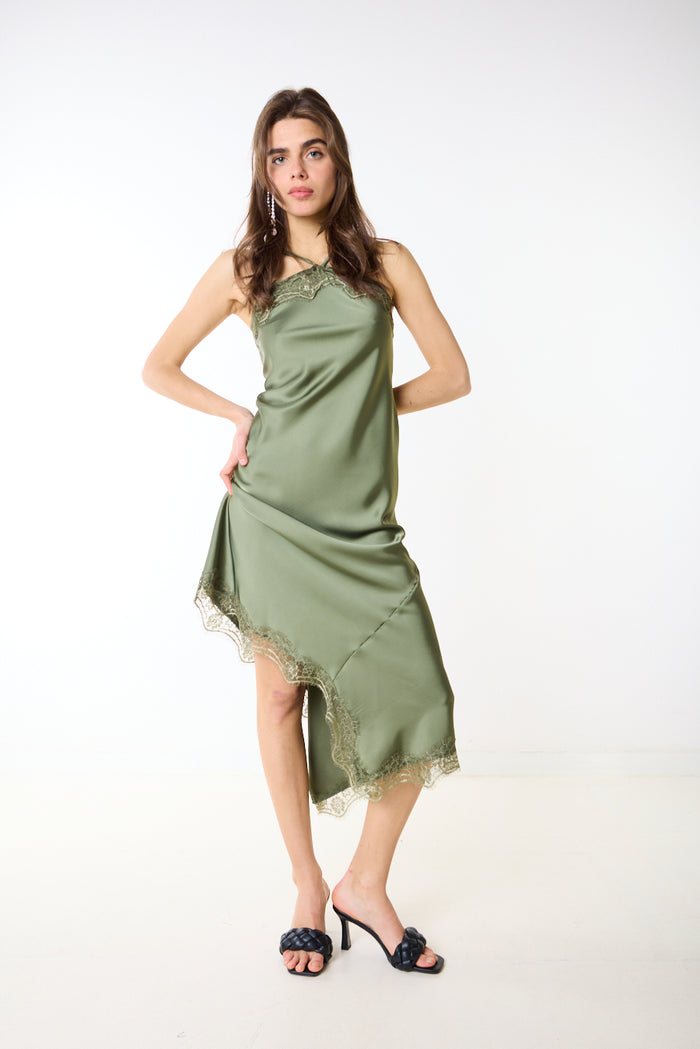Asymmetric lace trim satin slip midi dress wholesale