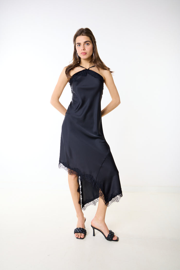 Asymmetric lace trim satin slip midi dress wholesale
