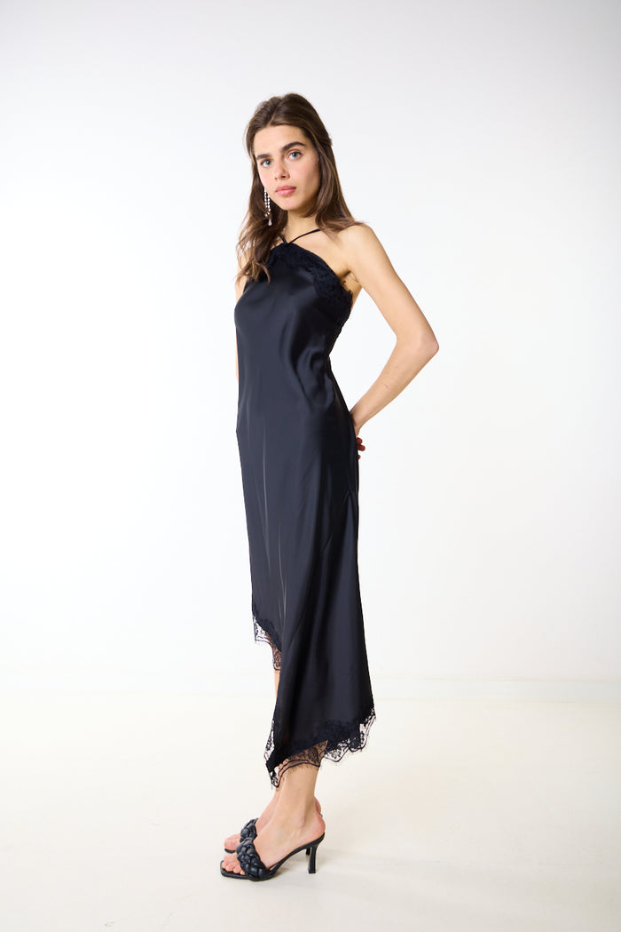 Asymmetric lace trim satin slip midi dress wholesale
