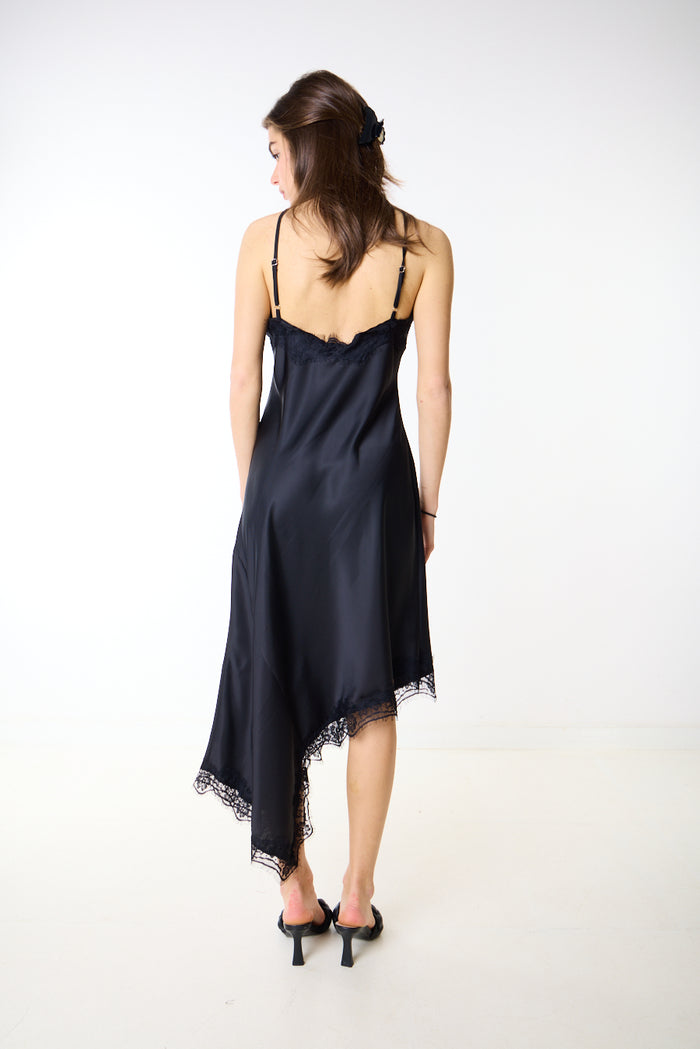 Asymmetric lace trim satin slip midi dress wholesale
