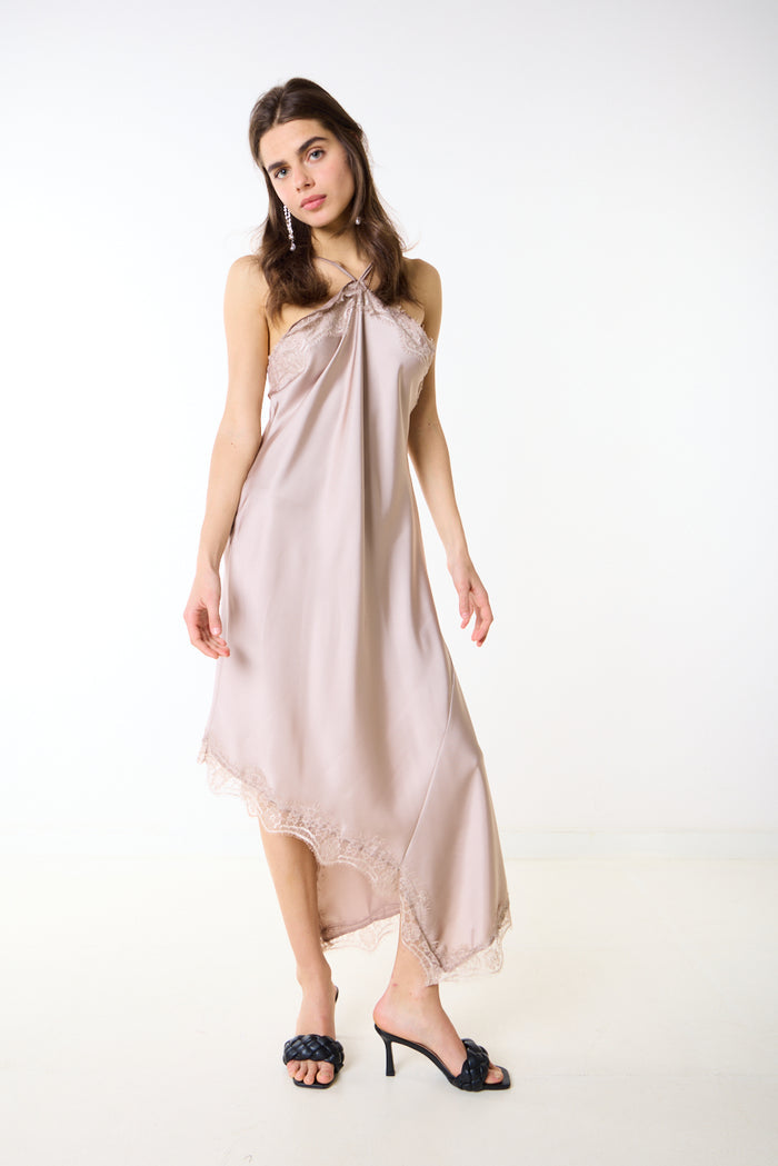 Asymmetric lace trim satin slip midi dress wholesale