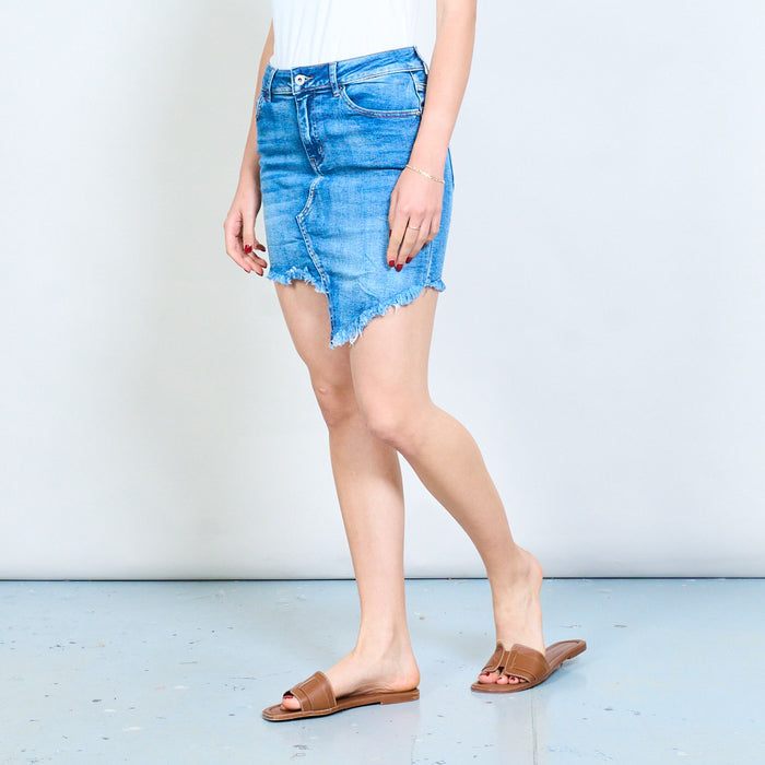 Asymmetric raw hem overlap front denim mini skirt wholesale