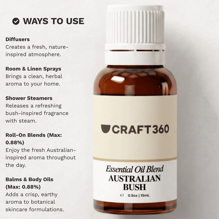 Infographic showing common ways to use the Australian Bush Blend Essential Oil in aromatherapy and daily routines.