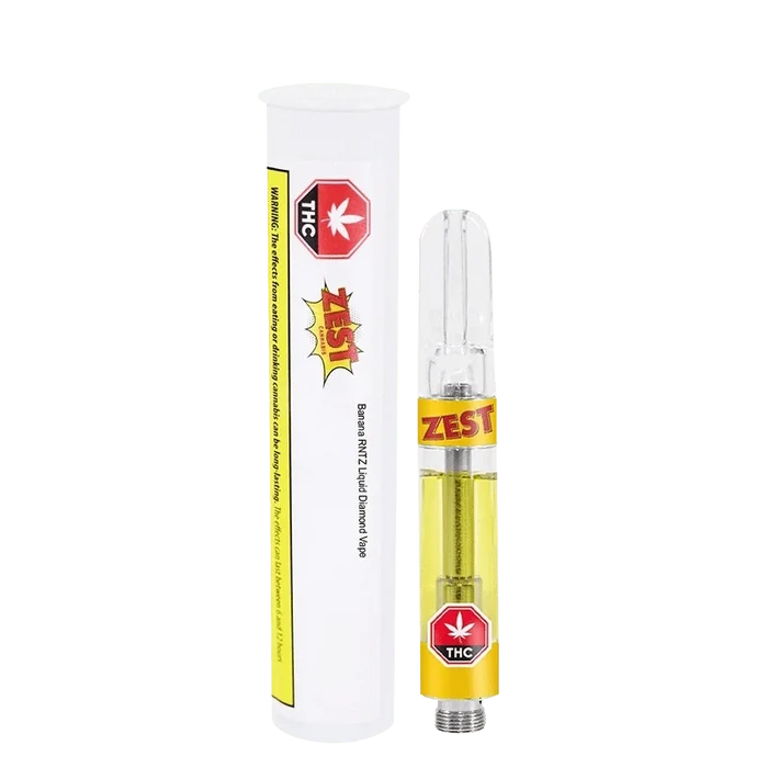 Close-up, angled view of the Banana RNTZ Liquid Diamond Vape Cartridge with a clear tank and gold accents against a white backdrop.