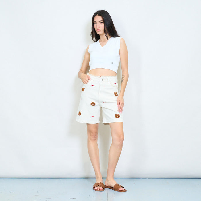 Bear embroidered denim bermuda shorts wholesale