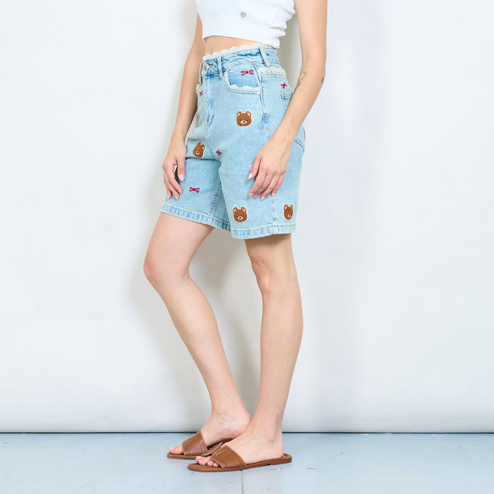 Bear embroidered denim bermuda shorts wholesale