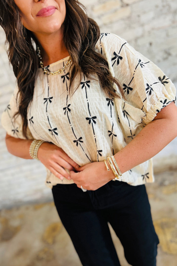 Beige Bow Print Puff Short Sleeve Top 🇺🇸